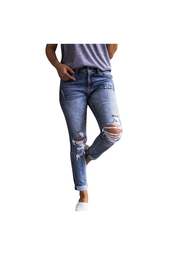 Sale Deal Ripped Jeans for Women Plus Size Women Mid Waisted Skinny Hole Button Stretch Slim Pants Calf Length