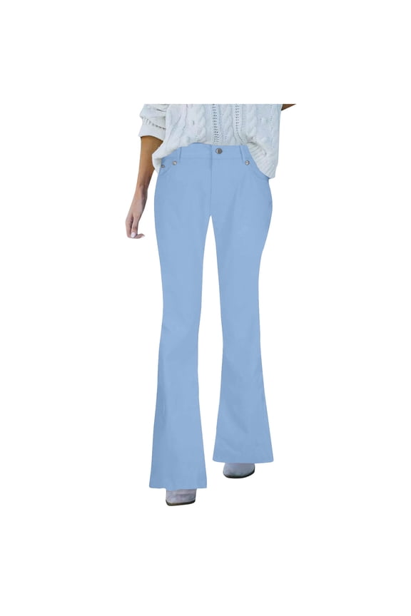 Sale Deal Womens Jeans Flare Legs Women'S Spring/Summer Solid Color Mid-Waist Pocket Denim Casual Pants