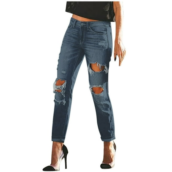Fjofpr Clothing Ripped Jeans for Women High Waisted Jeans for Women Stretchy Jeans for Women Trendy Slimming Women's High Waisted Hole High Stretch Vintage Small Leg