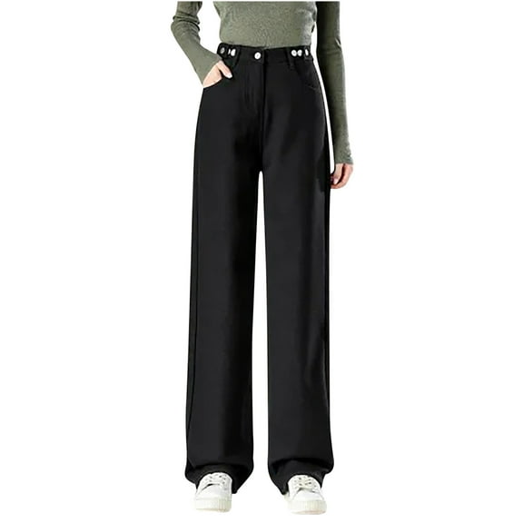Fjofpr Clothing Straight Leg Jeans for Women Fleece Jeans Women Sale Women's High Waisted Loose High Waisted Jeans Solid Color Straight Leg Casual Pants With Added Fleece
