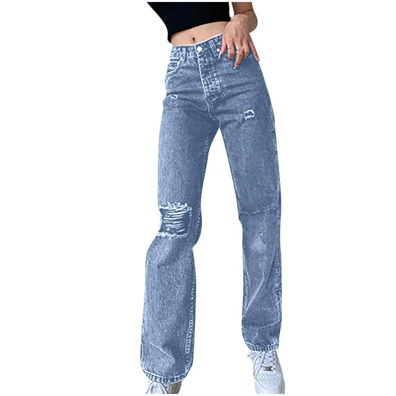 Fjofpr Clothing Wide Leg Jeans Women Long Hole Jeans for Women Fashion Women Long Pants Casual Distressed Pants Mid Waist Trousers