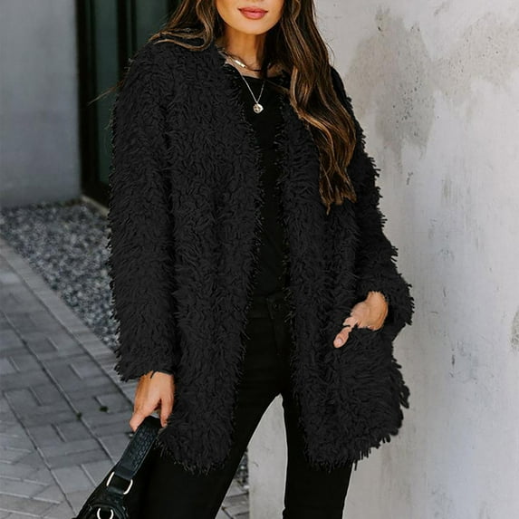 Fjofpr Clothing Womens Fleece Coats Winter Coats Loose Jacket Plush and Thicked Fashion Women Warm Long Sleeve Casual Solid Outwear Cardigan Coat Blouse