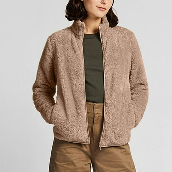 Fjofpr Clothing Womens Fleece Coats Winter Coats Loose Jacket Plush and Thicked Women'S Fall And Winter Long Sleeve Fleece Pocket Zipper Solid Color Fleece Coat