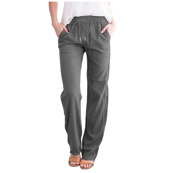 Fjofpr Clothing Womens Pants Women Casual Cotton And Linen Solid Drawstring Elastic Waist Long Straight Pants Gray XL