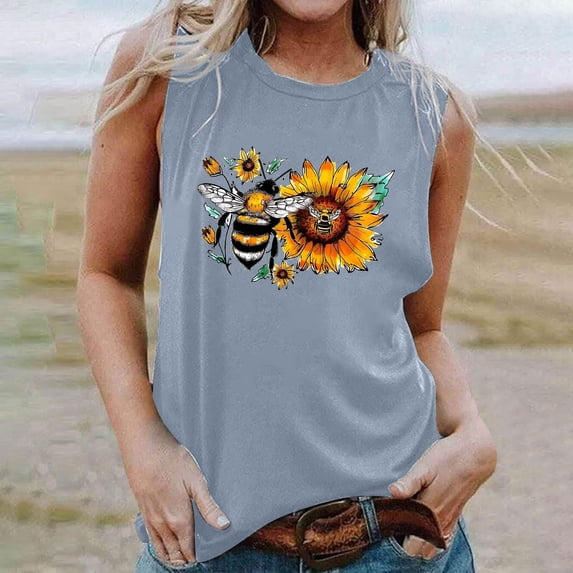 Fjofpr Crop Tank 2024 Women's New Loose Casual Fashion Crew-neck All-matching Printed Top Sky Blue L