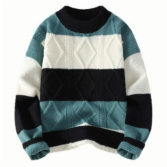 FjofprPull Over Sweaters Mens with Man Color Match Pattern Intensification Warm Round Neck Base Shirt Blouse