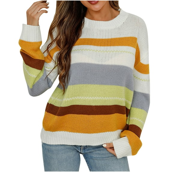 FjofprStriped Sweater Women Oversized Women's Striped Long Sleeved Round Neck Pullover Knitted Sweater Top
