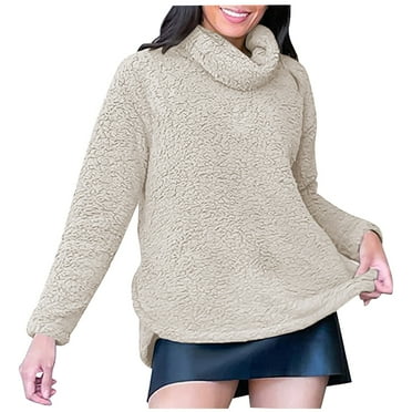 Fjofpr Cyber & Monday Deals Turtle Necks Tops for Women White White Turtleneck Women Sweater Women's Casual Round Neck Pocket Solid Color Long Sleeved Loose Top Women's Round Neck Sweater