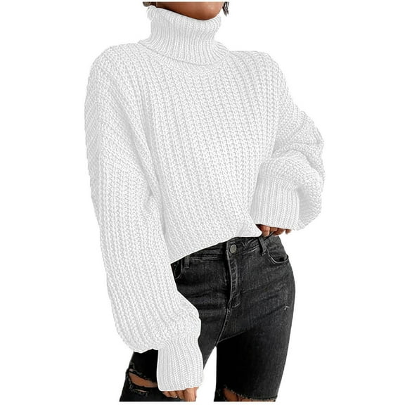 FjofprTurtle Necks Tops for Women White White Turtleneck Women Sweater Fashion Women Solid Long Sleeve Pullove Turtleneck-Neck Casual Sweater Tops