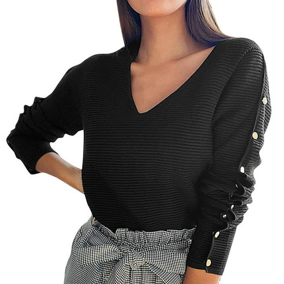 Fjofpr Black Sweaters for Women Ladies V-Leader Button Long Sleeve Temperament Solid Color Top Knit Top Sweater