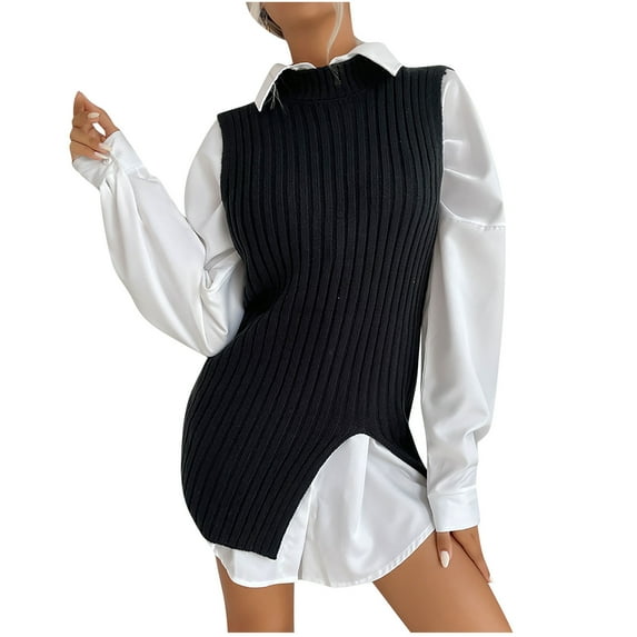 Fjofpr Black & Friday Deals Black Sweaters for Women Women Fashion Casual Split Solid Color Knit Sleeveless All Match Vest Sweater
