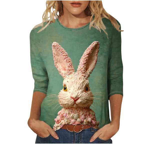 Fjofpr Easter Shirts for Women 3/4 Ladies' Easter Print Printed Round Neck Three Quarter Sleeve 3/4 Sleeve T-shirt Loose Top