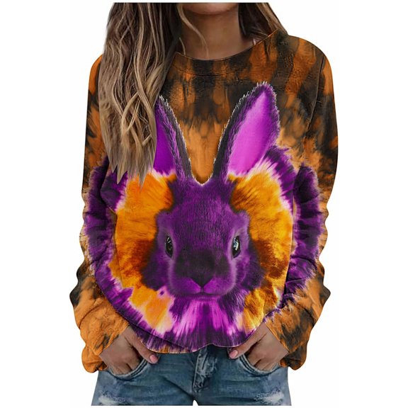 Fjofpr Easter Shirts for Women Long Sleeve Ladies' Loose Casual Easter PPrinted Long Sleeved Round Neck Hooded Front Shoulder Top