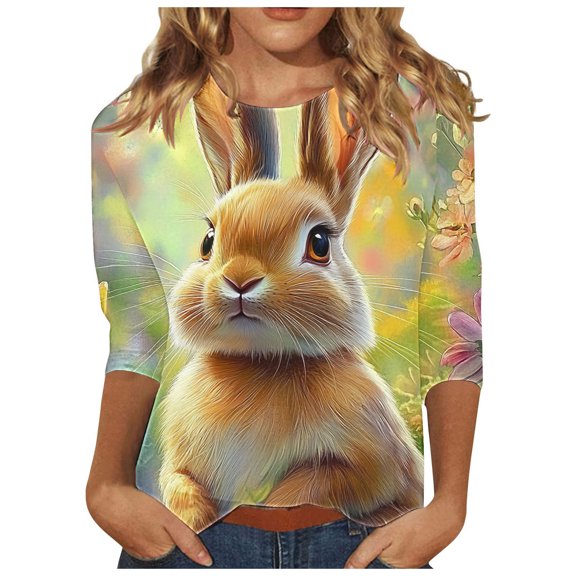 Fjofpr Easter Shirts for Women Plus Size 3/4 Ladies' Loose Casual Easter Print Round Neck Three Quarter Sleeve 3/4 Sleeve T-shirt Top