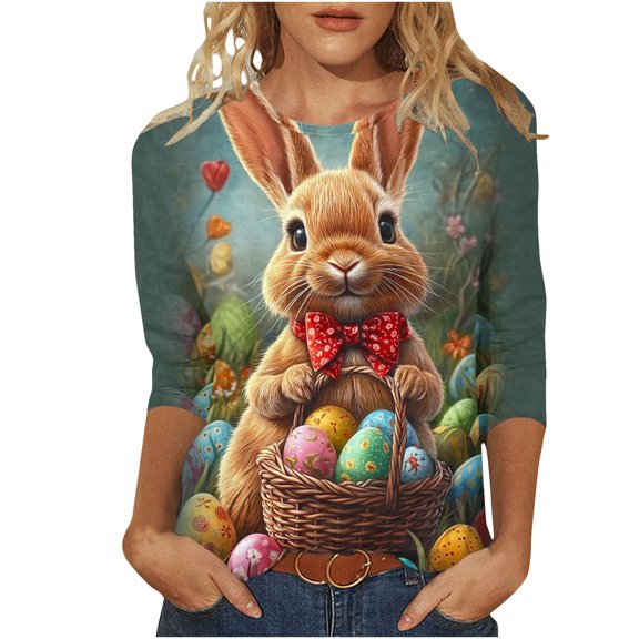 Fjofpr Easter Shirts for Women Plus Size 3/4 Women's Fashion Tees Casual Crewneck 3/4 Sleeve Loose T Shirt Ladies Blouses Shirts