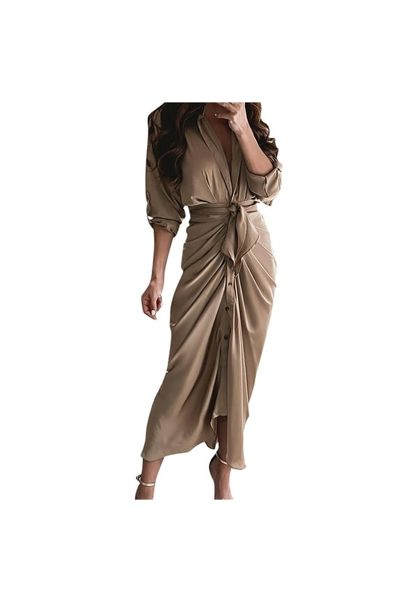 Fall Dresses for Women Sexy Casual Long Sleeve Printed Button Fork Opening Dress