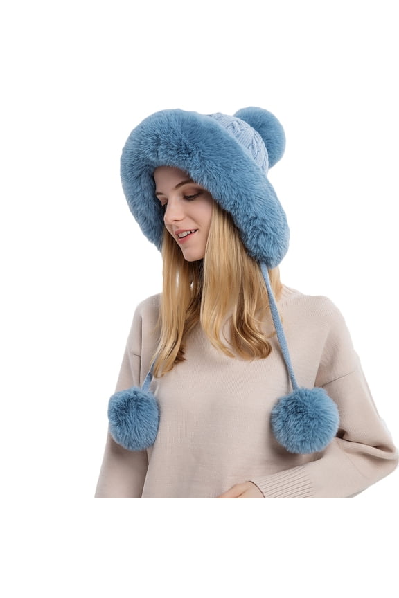Faux Fur Trimmed Winter Fashion Hat for Women Fashionable Outdoor Warm Hats Christmas Gift Women And Winter Pullover Cap, Wool Ball, Outdoor Thickened, Cold Insulation, Solid Color Knitted Hat