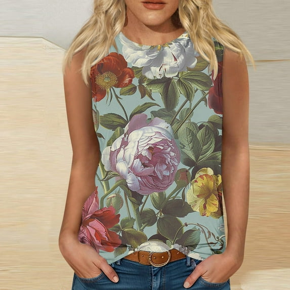 Fjofpr Floral Tank Tops for Women Women's Casual Printed Sleeveless Round Neck Top Blouse Mint Green M