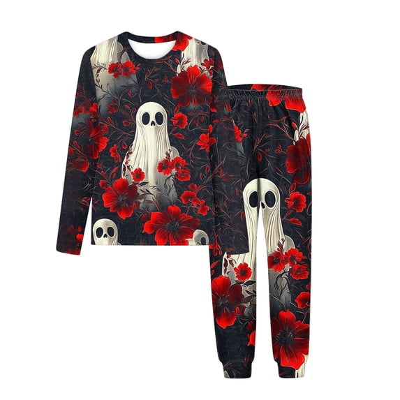 Fjofpr Girl Clothes Size 10 Children's Halloween Printed Round Neck Long Sleeved Top Elastic Waisted Pants Mid Size Children's Home Suit Set 9 years