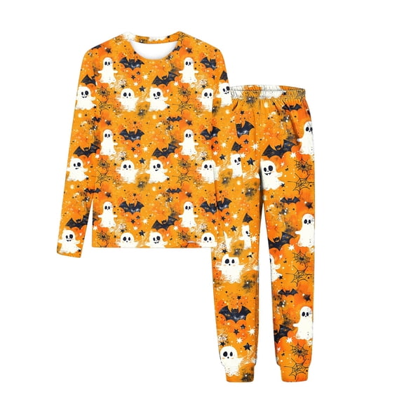 Fjofpr Girl Clothes Size 7 Children's Halloween Printed Round Neck Long Sleeved Top Elastic Waisted Pants Mid Size Children's Home Suit Set 7 years