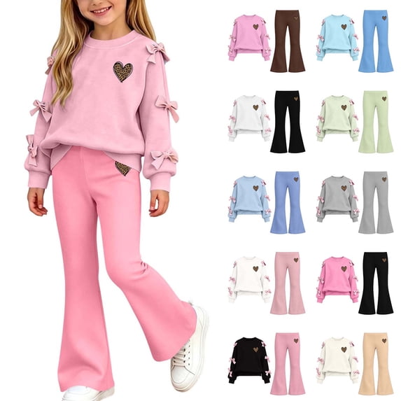 Fjofpr Girls 2 Piece Sets Size 8 Girls Knot Side Sweatshirt Pullover Top Girl's Heart Shaped Printed Top Flare Pants Two-Piece Set Kids Fall, Winter, Cute, Casual, Big Girls,School 5-15 Years
