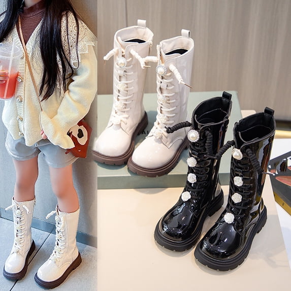 Fjofpr Girls Boots Big Girls Shoes Size 1.5 Fall And Winter Fashion Bow Knot Long Barrel Leather Little Girl Fashionable Princess Boots 9.5 Years