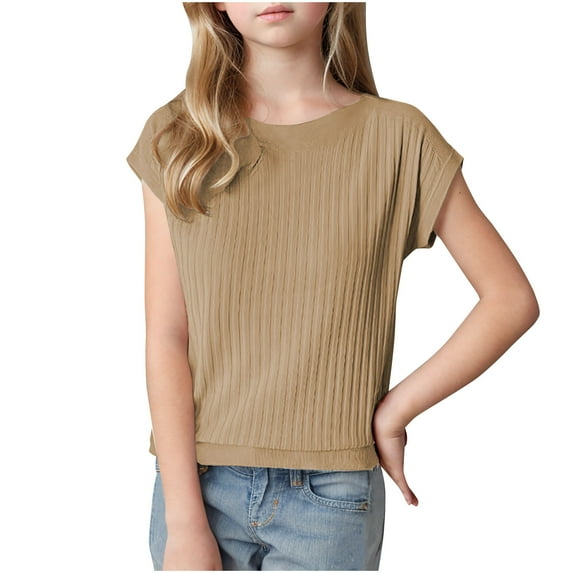 Fjofpr Girls Clothes under $10 Girls Clothes Size 6 Foreign Trade Fall New Solid Color High Neck Girls Solid Color Short-Sleeved Crew-Neck Top/Shirt (6Years-15Years)