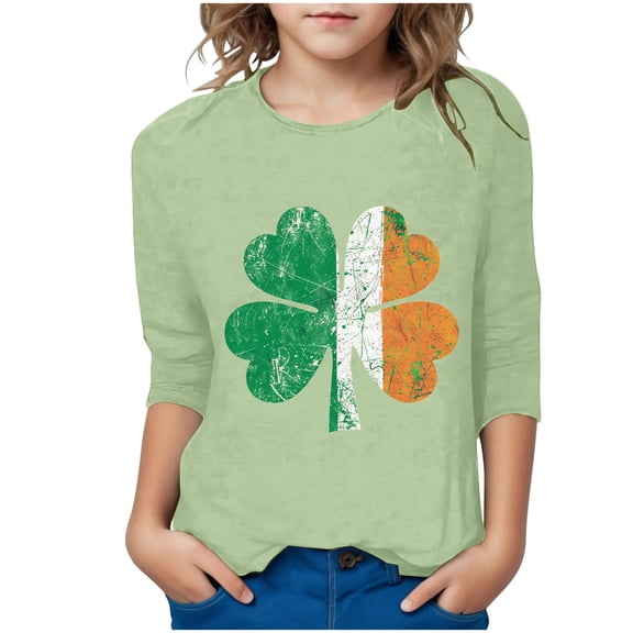 Fjofpr Girls Clothes under $5.00 Girls Clothes Size 10-12 Shirts Boys Girls Shirts Interest St. Patrick's Print Tshirt 3/4 Sleeve Top Funny Graphic Tshirts 3-12 Years