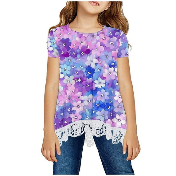 Fjofpr Girls Clothes Clearance under $5.00 Girls Shirts Size 7-8 Girls Shirt Crewneck Layered Independence Print Short Sleeve Cute Kids Blouse Lace Tee Top (3-14 Years)