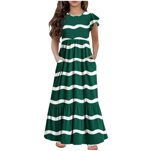 Fjofpr Girls Clothes under $10 Fashion Girls Summer New Short Sleeves Round Neck Solid Color Dress(6Y-12Y)