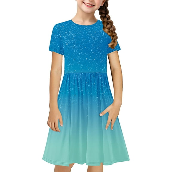 Fjofpr Girls Clothes under $10 Toddler Kids Girls Cute Gradient Color Print Short Sleeve Stretchy Dress A Line Dress（4-14Years）