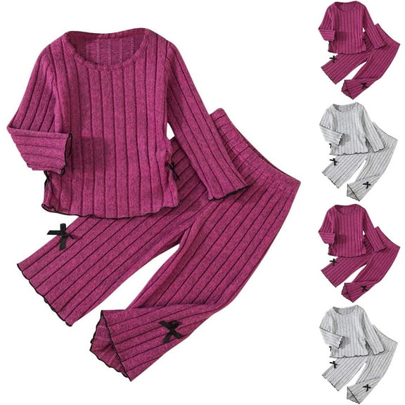 Fjofpr Girls Clothes Sets Boys Clothes Sets Children's Solid Color Round Neck Long Sleeved Shirt With Elastic Waist And Bow Tie Long Pants Casual And Comfortable Set Hot Pink 4 Years
