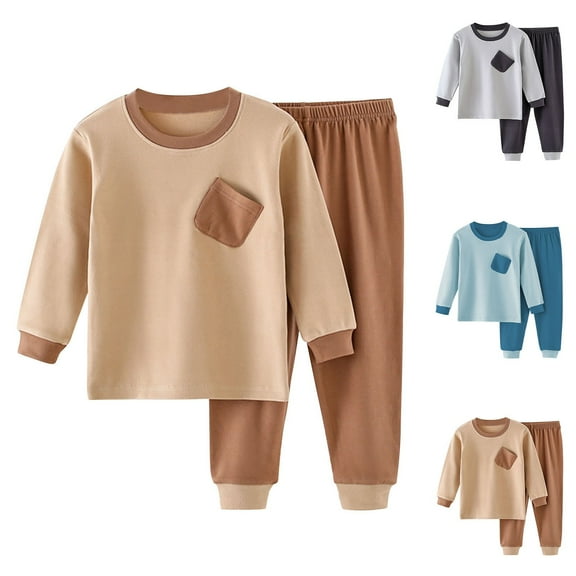 Fjofpr Girls Clothes Sets Boys Clothes Sets Toddler Baby Kids Winter Boys Girls Solid Color Pocket Long Sleeved Home Wear Clothes Suit Gray 2 Years