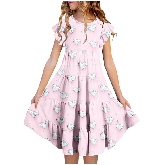 Fjofpr Girls Dresses $ 10.00 Girls' Summer Easter Print Short Sleeve Ruffled Pockets Round-Neck Printed Dress For Kids(6-15Years)