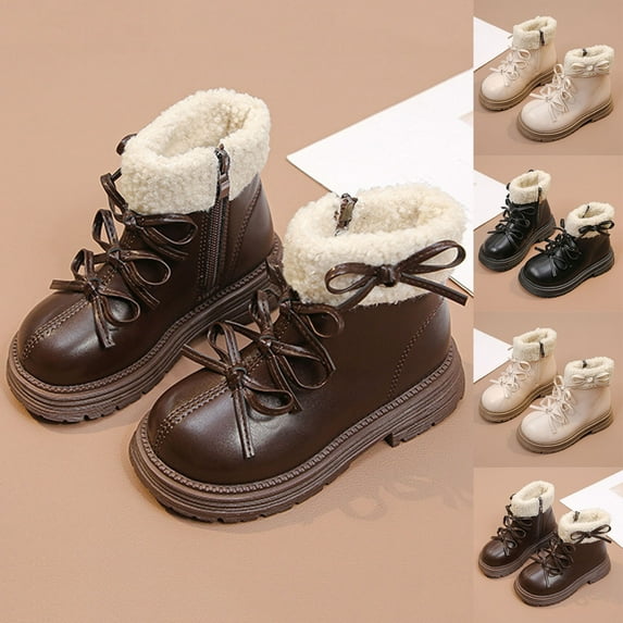 Fjofpr Girls Shoes Kids Winter Boots with Faux Fur Trim Children's Winter Solid-color Short Leather Boots British-style Boots 9-9.5Years
