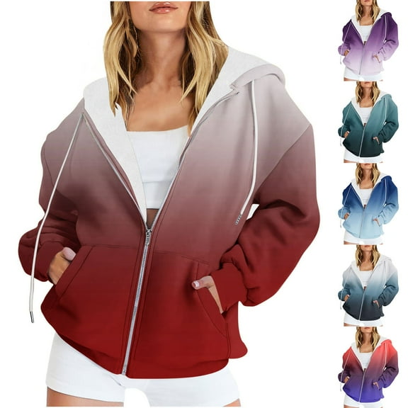 Fjofpr Hoodies for Teen Girls Oversized Women's Casual Gradient Color Printed Zipper Pockets Hoodied Long Sleeve Drawstring Hooded Sweatshirt Jacket Comfortable Top White XXL