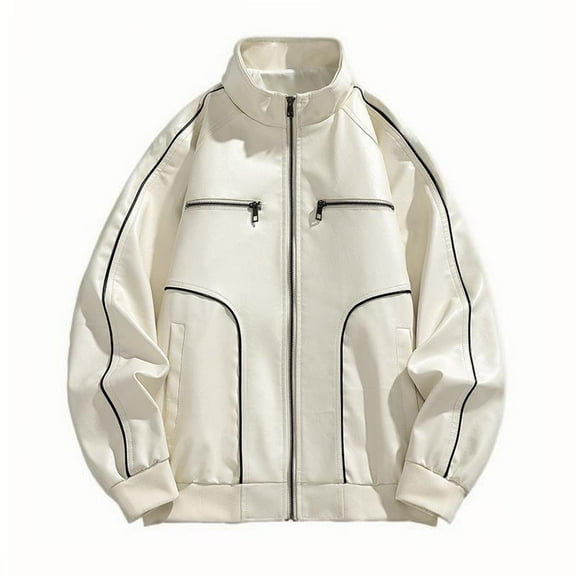 Fjofpr Jackets for Men Big and Tall Jackets for Men Lightweight Man Streak Solid Color Pockets Zipper Lapel Leather Coat