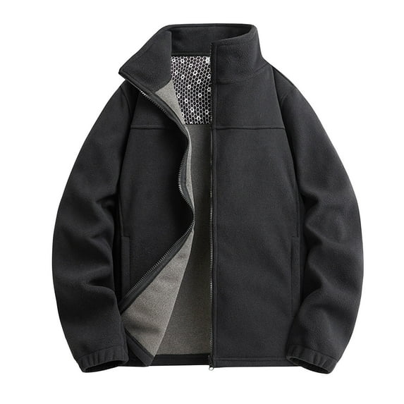 Fjofpr Jackets for Men Clearance Men's Solid Color Fleece Long Sleeved Zipper Stand Up Collar Pocket Jacket Coat