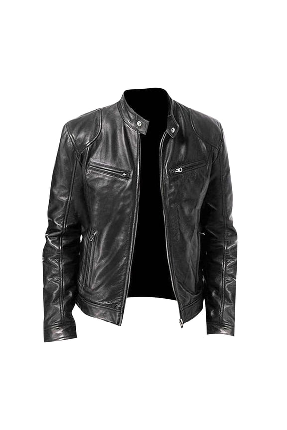 Jackets for Men Clearance Men's Solid Color Long Sleeved Casual Leather Jacket Long Sleeve Hoodless Faux Leather Outwear Jackets
