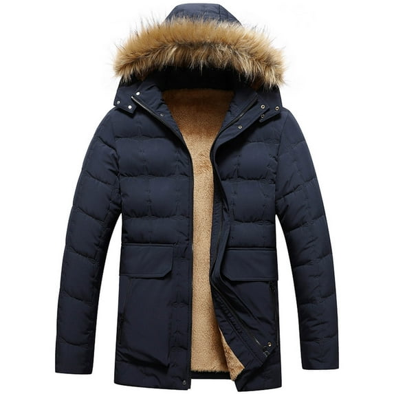 Fjofpr Jackets for Men Fashion Casual Men Hooded Long Sleeve Zipper Solid Furry Padded Jacket Added Wool Warm Winter Coat