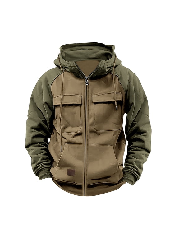 Jackets for Men Hoodie Men's Vintage Workwear Color Block Multi Pocket Zipper Long Sleeved Hooded Casual Jacket