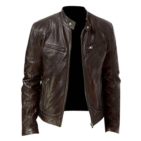 Fjofpr Leather Jacket Men Brown Men's Solid Color Long Sleeved Casual Leather Jacket Long Sleeve Hoodless Faux Leather Outwear Jackets