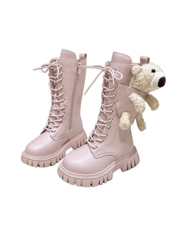 Little Girls Boots Size 10 Girls Knee High Boots Detachable Bear Doll Side Zipper Tall Boots Non-Slip Thick Sole Kids Dress Boots 4-13 Years