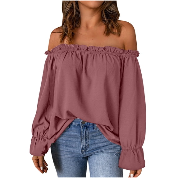 Fjofpr Long Sleeve Shirts for Women Casual Loose Fashion Women one Shoulder T-Shirt Long Sleeve Casual Tee Tops Blouse off the Shoulder Shirt Tops