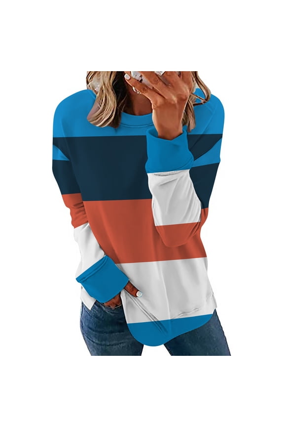 Long Sleeve Shirts for Women Color Match Stripe Crewneck Bottoming Sweatshirts Tops Casual Loose Fit Pullover Sweatshirt Blouse