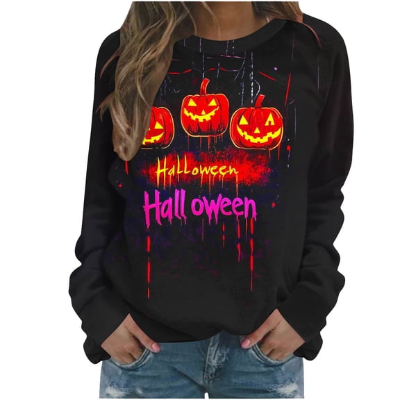 Fjofpr Long Sleeve Shirts for Women Plus Size Ladies' Casual Halloween Printed Long Sleeved Round Neck Top Shirt Multicolor XXXL