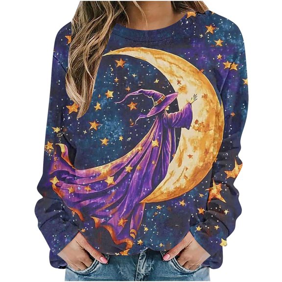 Fjofpr Long Sleeve T Shirts for Women Women's Halloween Printed Loose Round Neck Sweatshirt Multicolor L