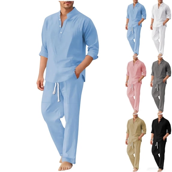 Fjofpr Mens 2 Piece Linen Set Pants Mens Linen Sets 2 Piece Outfits Long Pants Long Sleeve Men's Stand-Up Collar Button Long-Sleeve Top Casual Elastic Waist Drawstring Pocket Long Pants Set