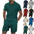 thumbnail image 1 of Fjofpr Mens 2 Piece Outfits Shorts Casual Men Solid-Color Casual Loose Pocket Elastic-Waist Drawstring Shorts Pocket Shorts Zipper Short Sleeve Turndown Collar Shirts Sets, 1 of 6