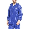 thumbnail image 1 of Fjofpr Mens 2 Piece Rain Suit with Hood Men Solid Color Hooded Buttons Raincoat Split Coat Pants Long Sleeve Hooded Set, 1 of 3